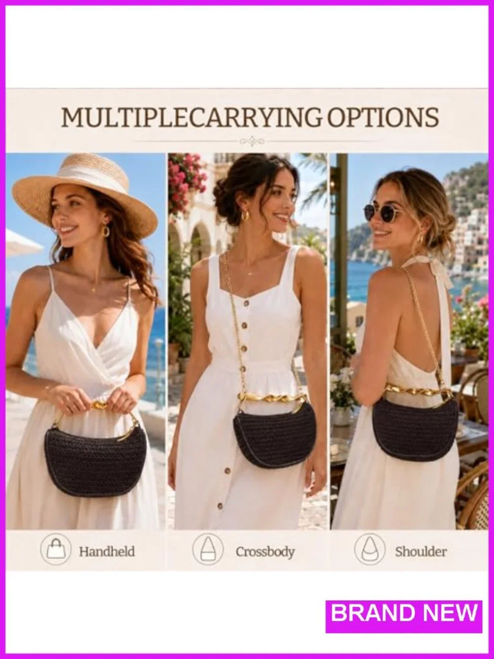 Woven Straw Crossbody Bag, Handcrafted Summer Purse for Beach Vacation Travel